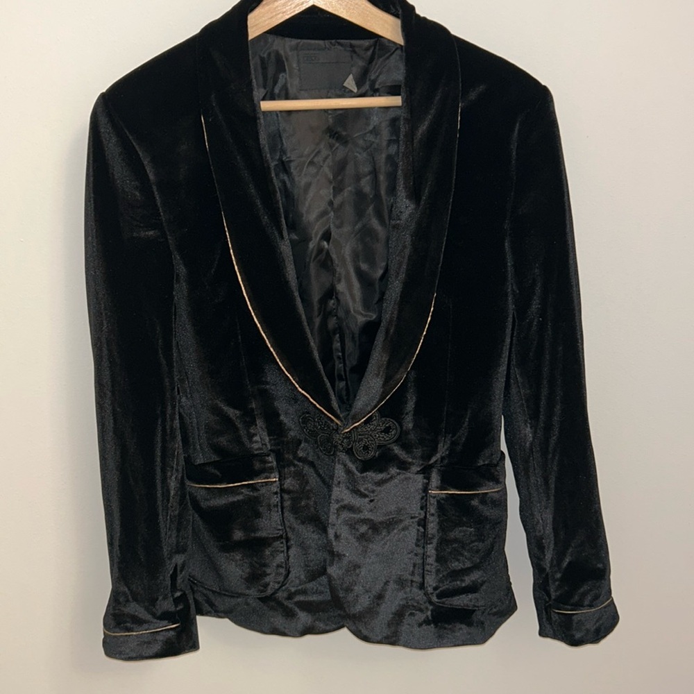 Black Velvet Shawl Blazer w/ Gold Trim & Frog Closure – Holiday Party, Unisex S